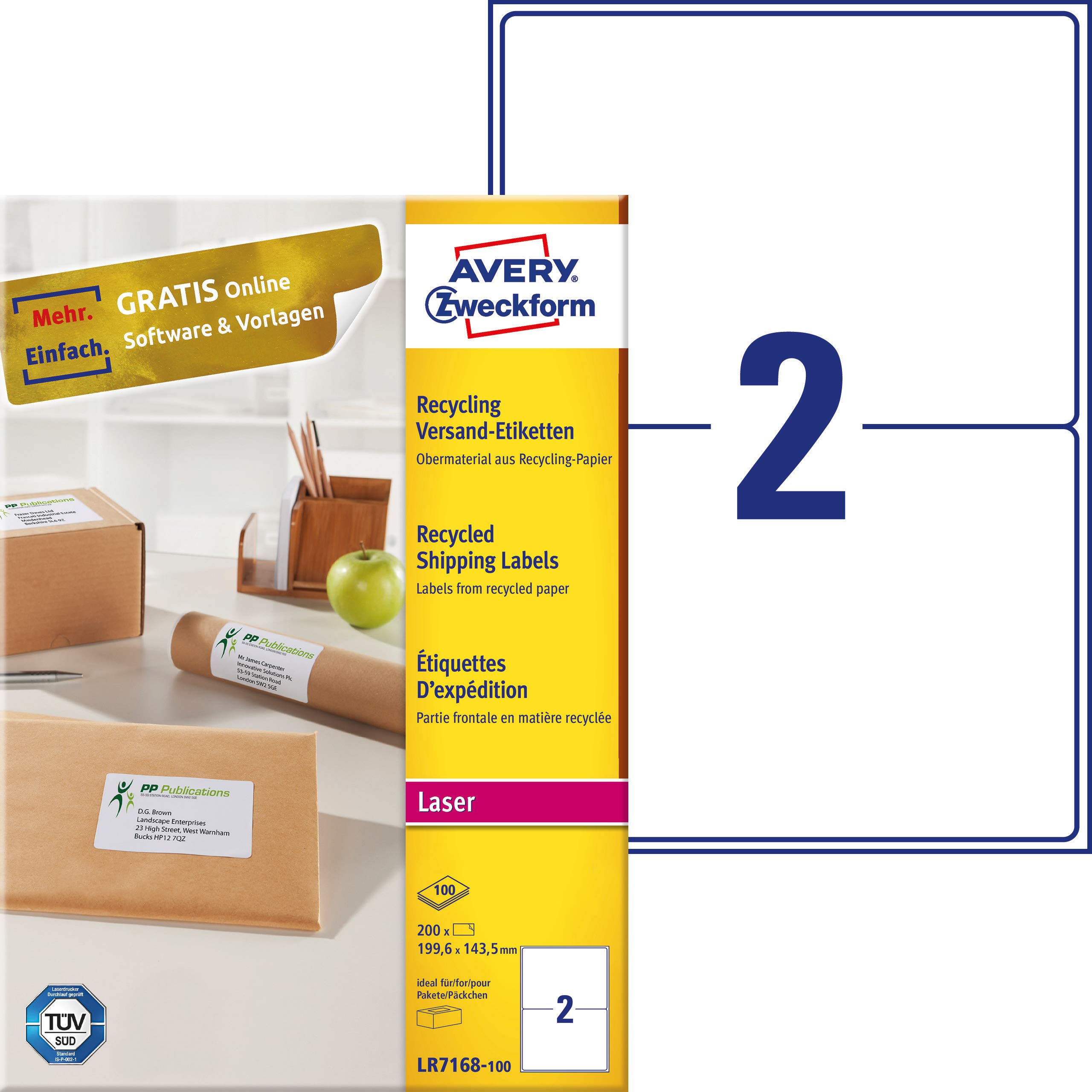 AVERY Zweckform LR7168-100 Recycled Labels 199.6 x 143.5 mm 200 Shipping Labels on 100 Sheets Self-Adhesive Printable Matte Paper 100% Recycled Paper Blue Angel Natural White