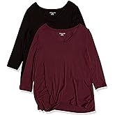 Amazon Essentials Women's 3/4 Sleeve V-Neck Swing T-Shirt (Available in Plus Size), Pack of 2