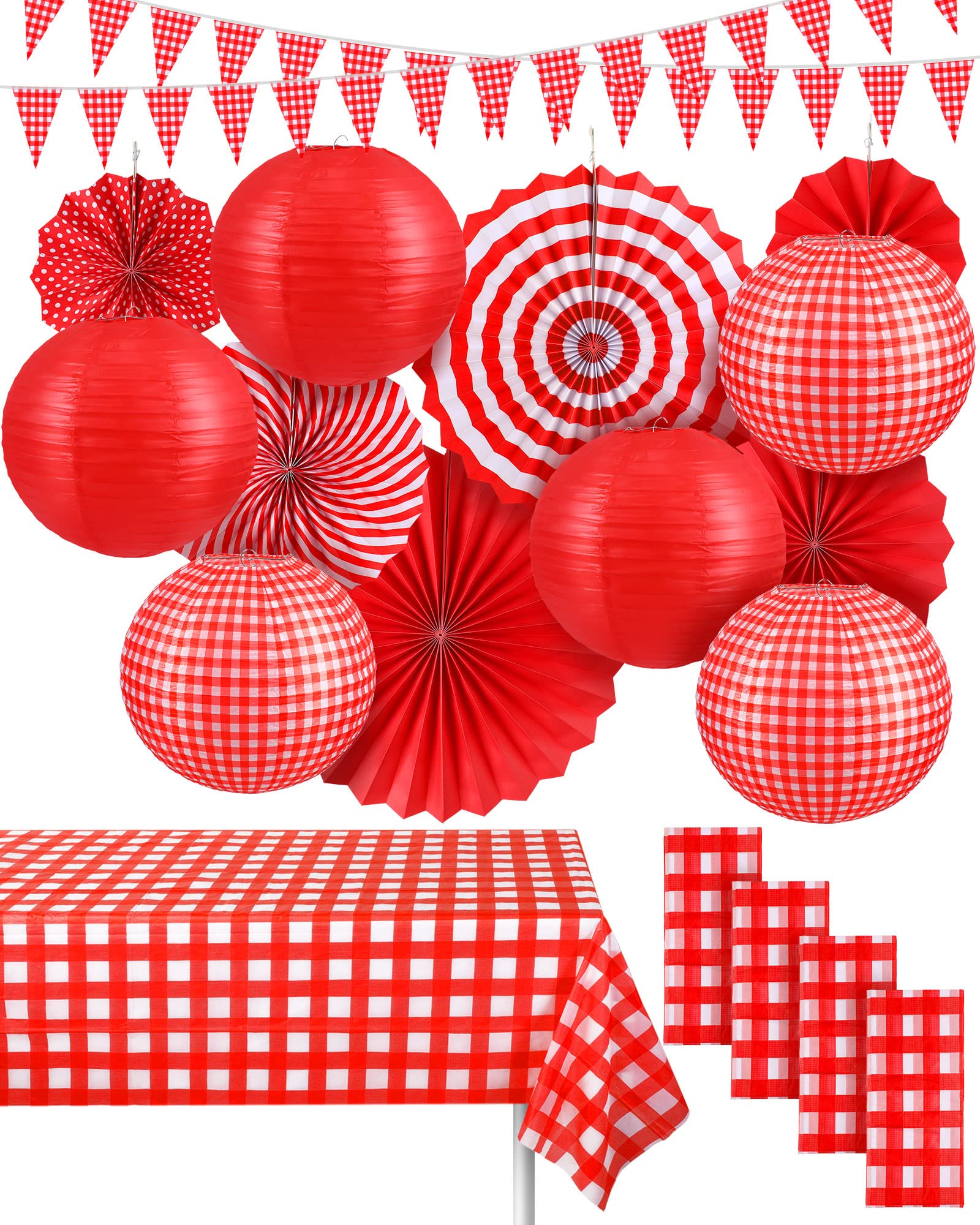 Photo 1 of Hortsun 18 Pcs Red Gingham Party Supplies Include Checkered Paper Lanterns Plastic Tablecloth Pennant Banner Hanging Paper Fans for Picnic BBQ Baby Shower Birthday Wedding Family Dinner