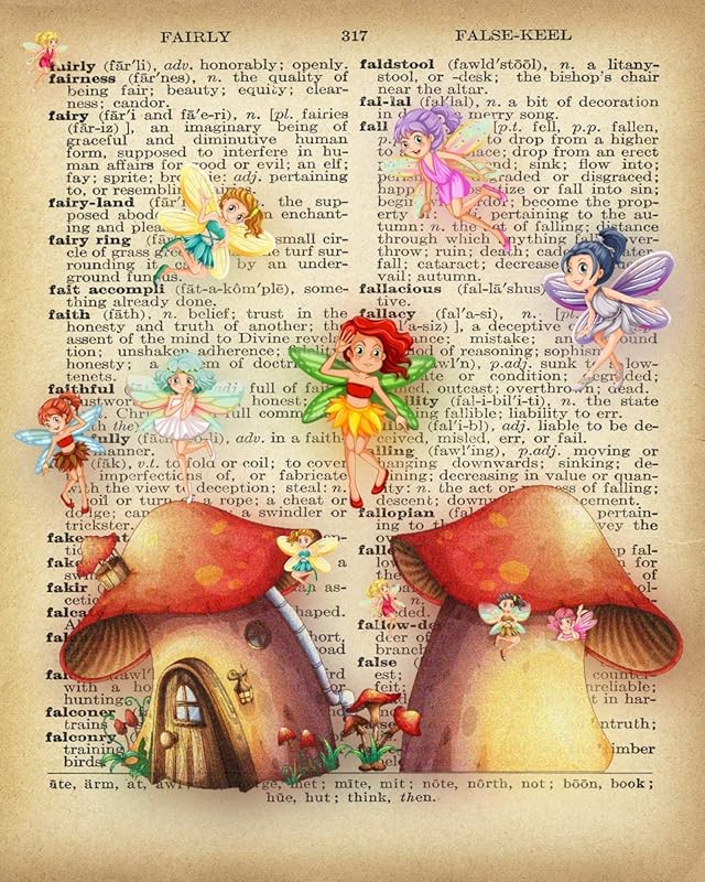 Fairy Land, Fairies and Mushroom Forest Whimsical Vintage Print Background Prints Wall Art Pictures Paintings, Nursery Decorations UnFramed…