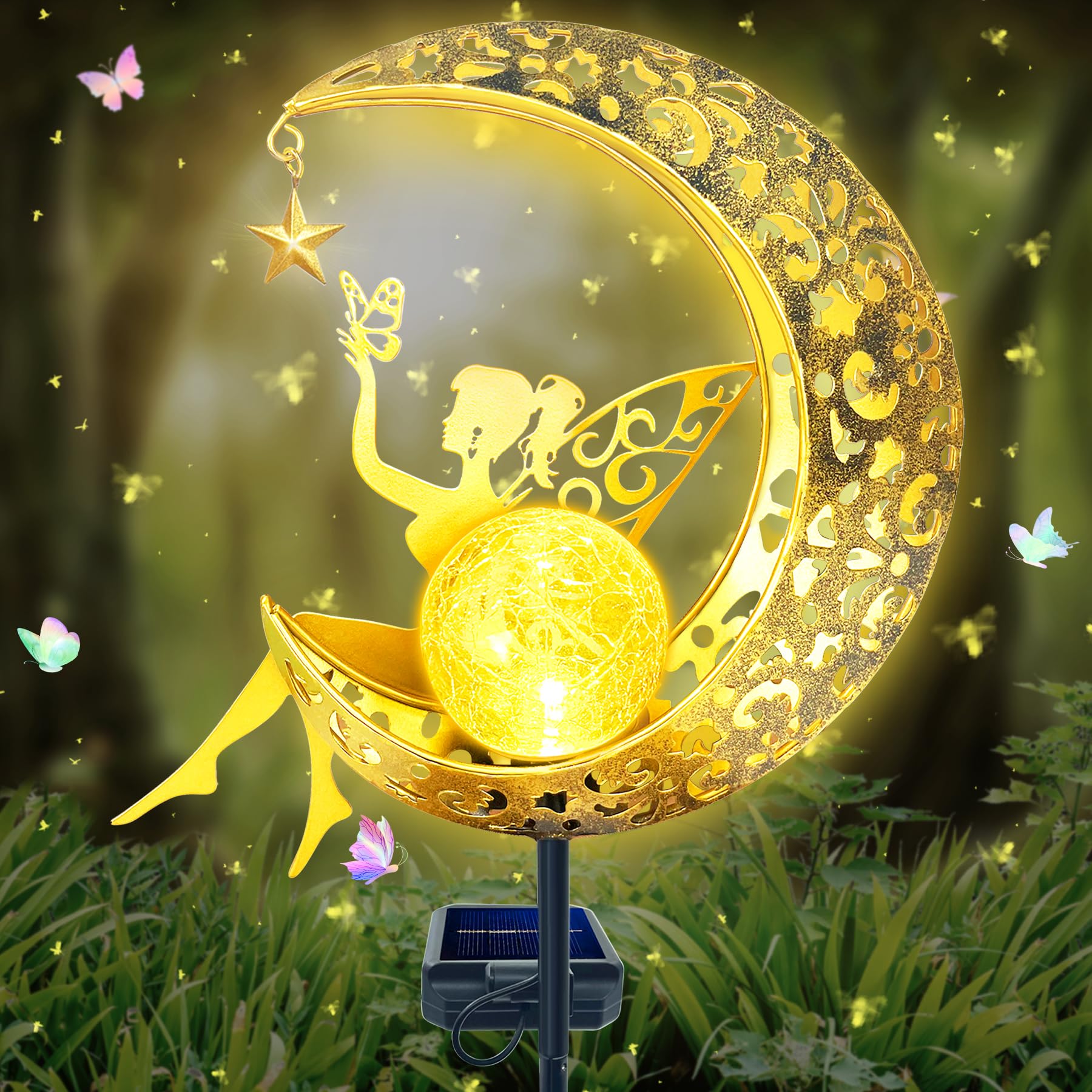 TZEKING Moon Solar Lights Garden Decoration Patio Decoration Moon Solar Lights Outdoor Garden Elf Flower Fairy Waterproof Solar Light with Ground Spike