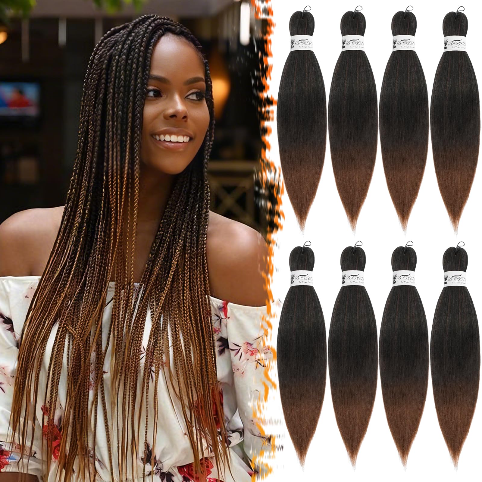 BARSDAR Pre Stretched Braiding Hair, 26 Inch, 8 Packs, Ombre Auburn, Yaki Texture, Hot Water Setting, Professional Synthetic, Crochet Braiding Hair Extensions — image 1
