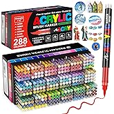288 Colors Acrylic Paint Markers Soft Brush Tip, Water-Based Paint Pens with Automatic Ink Control System, Odorless, Waterproof, Quick-Dry, Lightfast, for Rock Painting, Canvas, Wood, Egg & DIY Crafts
