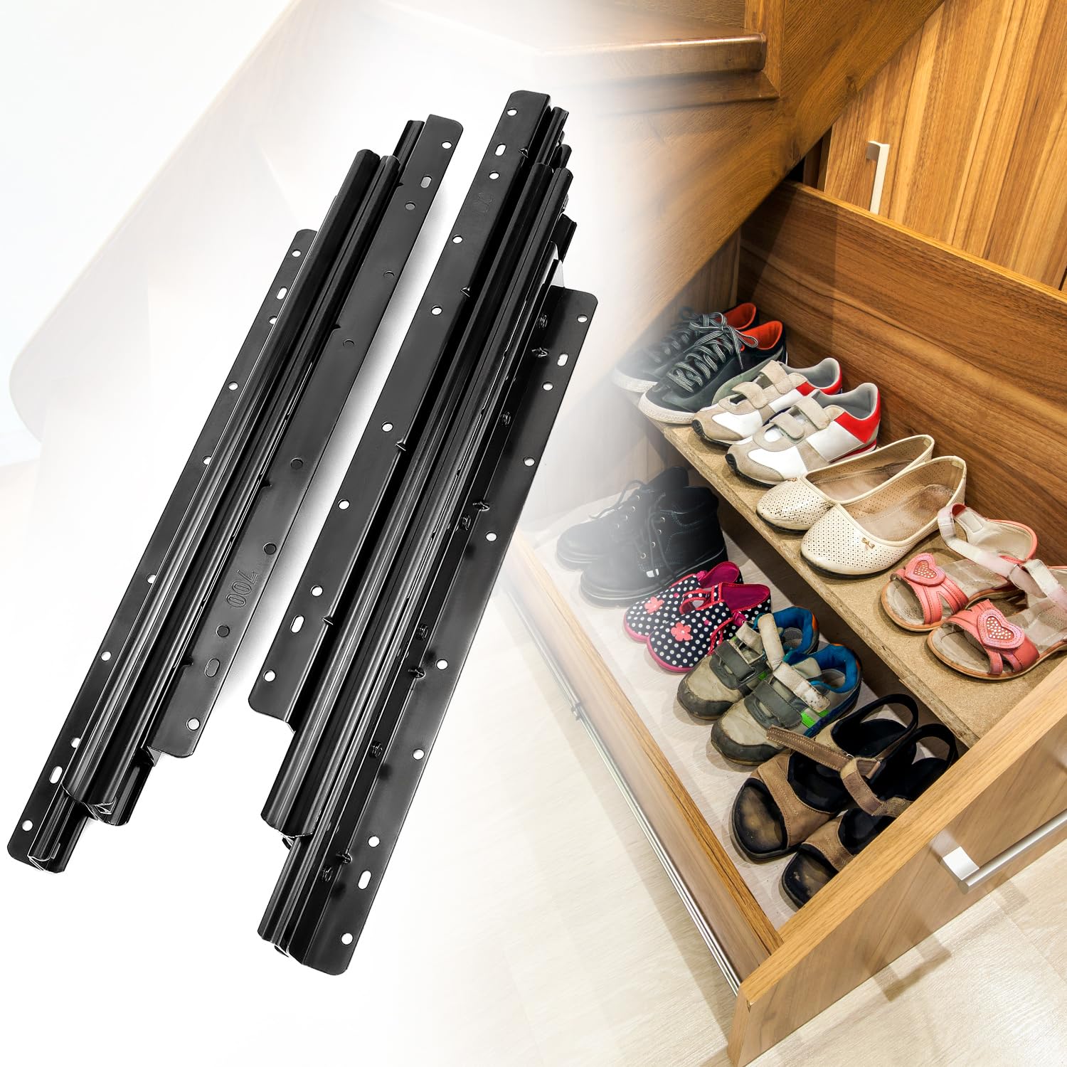 QWORK® Heavy Duty Drawer Runners Slides for Under Stairs Storage 400-900mm, Full Extension, Black, Load Capacity 120kg, 1Pair, with Screws