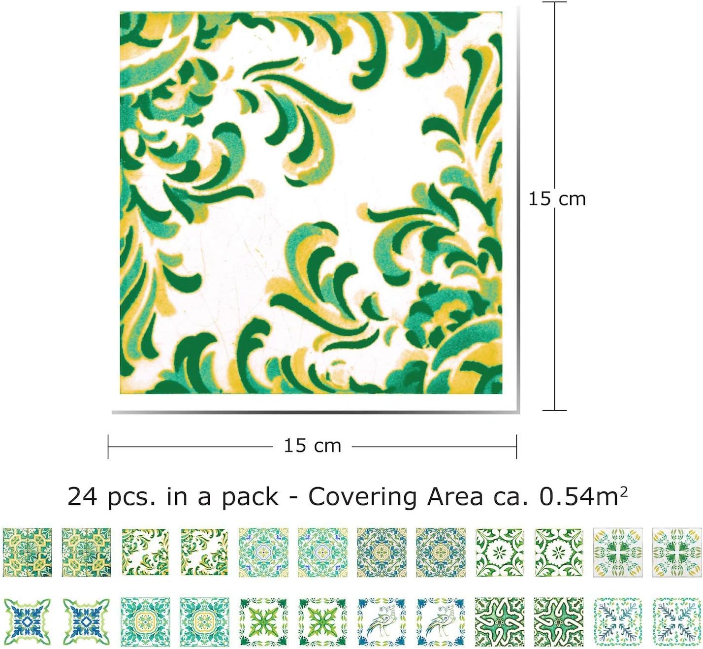 WALPLUS Turkish Green Self Adhesive Wall Tiles for Kitchen Bathroom 15x15cm(6") Removable Sticky Back Tiles for Walls Renovation 24 PCS - Image 3