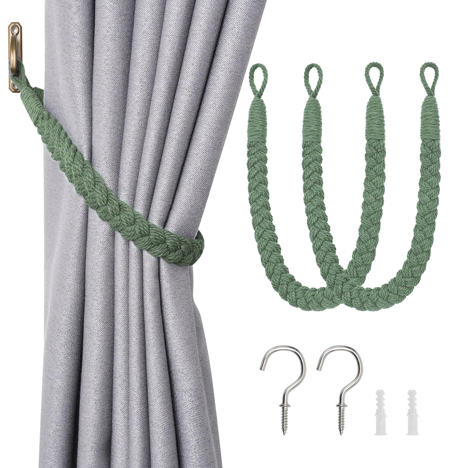 Pretty Jolly 2 Pack Natural Cotton Rope Curtain Tiebacks Elegant Boho Style Decorative Drape Tie Backs Soft Hand-Woven Rope Curtain Holdbacks with Metal Hook for Home & Office Drapery (Green)