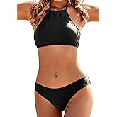 Ekouaer High Neck Halter Bikini Top Floral Swimsuits Two Piece Bathing Suits Triangle Bottoms for Women Teen Juniors XS-XXL