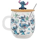 Disney Lilo & Stitch Expressions Glass Mug With Lid and Spoon | Large Coffee Cup For Tea, Espresso, Cocoa | Holds 17 Ounces