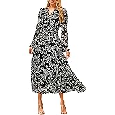 Simplee Women's Floral Boho Long Sleeve Maxi Dress V Neck Empire Waist Swing Flowy Wedding Guest Dress