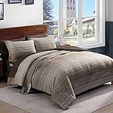 AMBERSPACE Twin XL Comforter Set Striped, Chocolate Brown Bedding Set 5 Pieces for Boys Girls Teen, All Season Bed in a Bag for Dorm with Sheets, Pillowcase & Sham