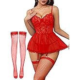 Foxiny Sexy Floral Lace Mesh Sheer Garter Babydoll Lingerie Dress Corset Outfit Set with Thong 3 Piece