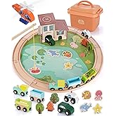 Jessruly Wooden Train Track Set - 48-Piece Toy Train Tracks Compatible with Thomas, Brio, Melissa & Doug - Includes Fishing and Puzzles for Toddlers 3-8 - Educational for Fun Playtime