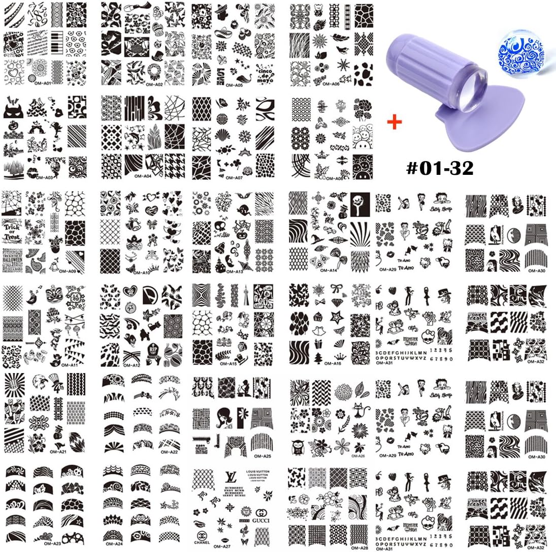 Lookathot 32pcs Nail Art Image Stamp Stamping Plates with 1 Stamper, 1 Scraper Plastic Radom Pattern