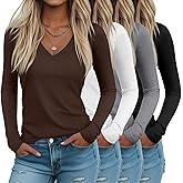 Riyiper 4 Pack Women's Deep V Neck T-Shirts, Long Sleeve Slim Fitted Tee Tops Casual Fall Basic Tee Shirts