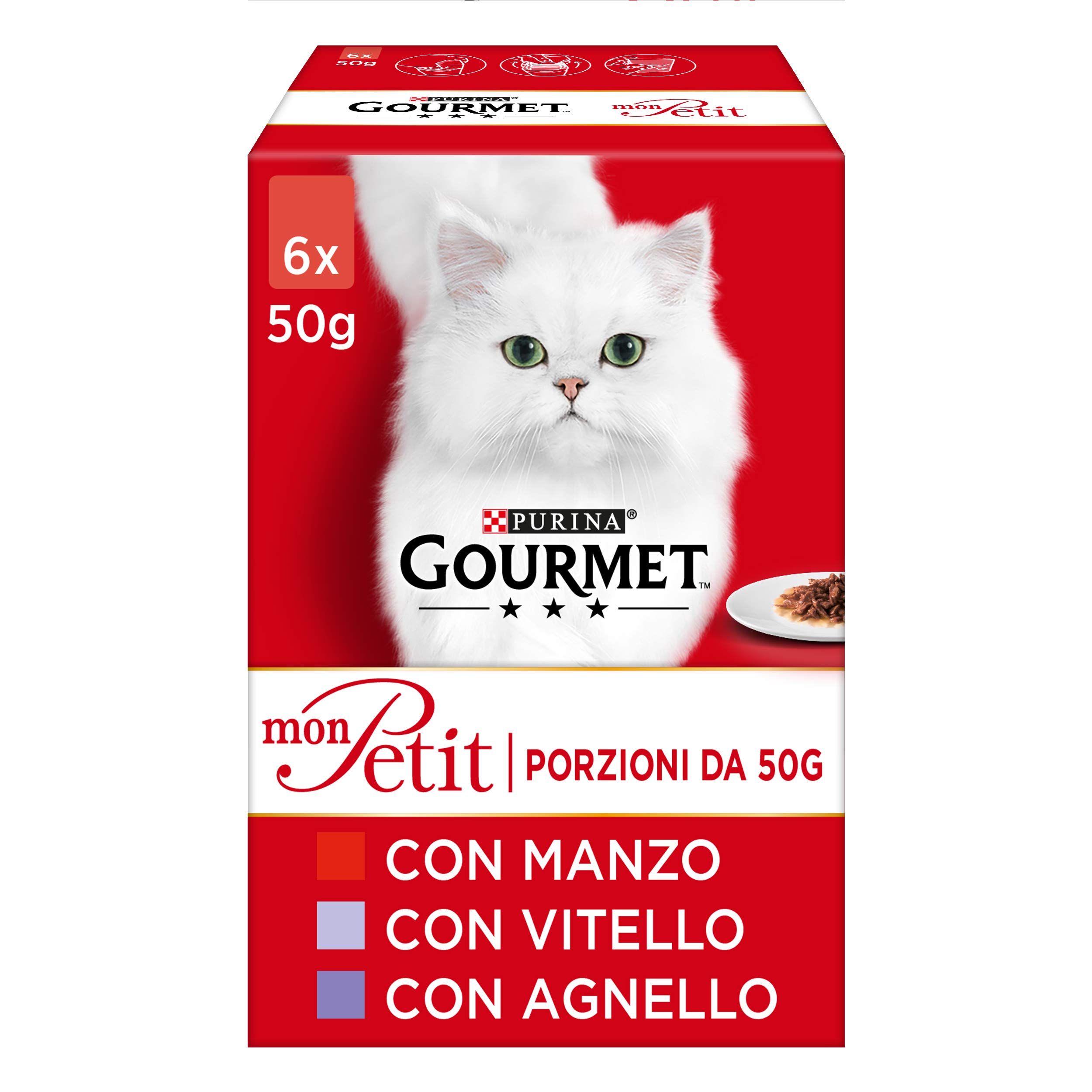 Purina Gourmet Mon Petit Wet Cat Food Delicious Selection with Meat, with Beef, Calf and Lamb, 48 Pouches x 50 g Each (8 Packs of 6 x 50 g)