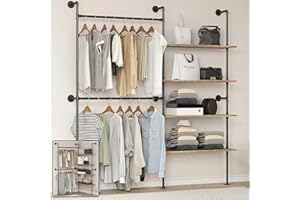 DABILONGC Industrial Pipe Clothing Rack Wall Mounted Heavy Duty, Space Saving Garment Hanger System for Wardrobe/Walk-in Closet, Black