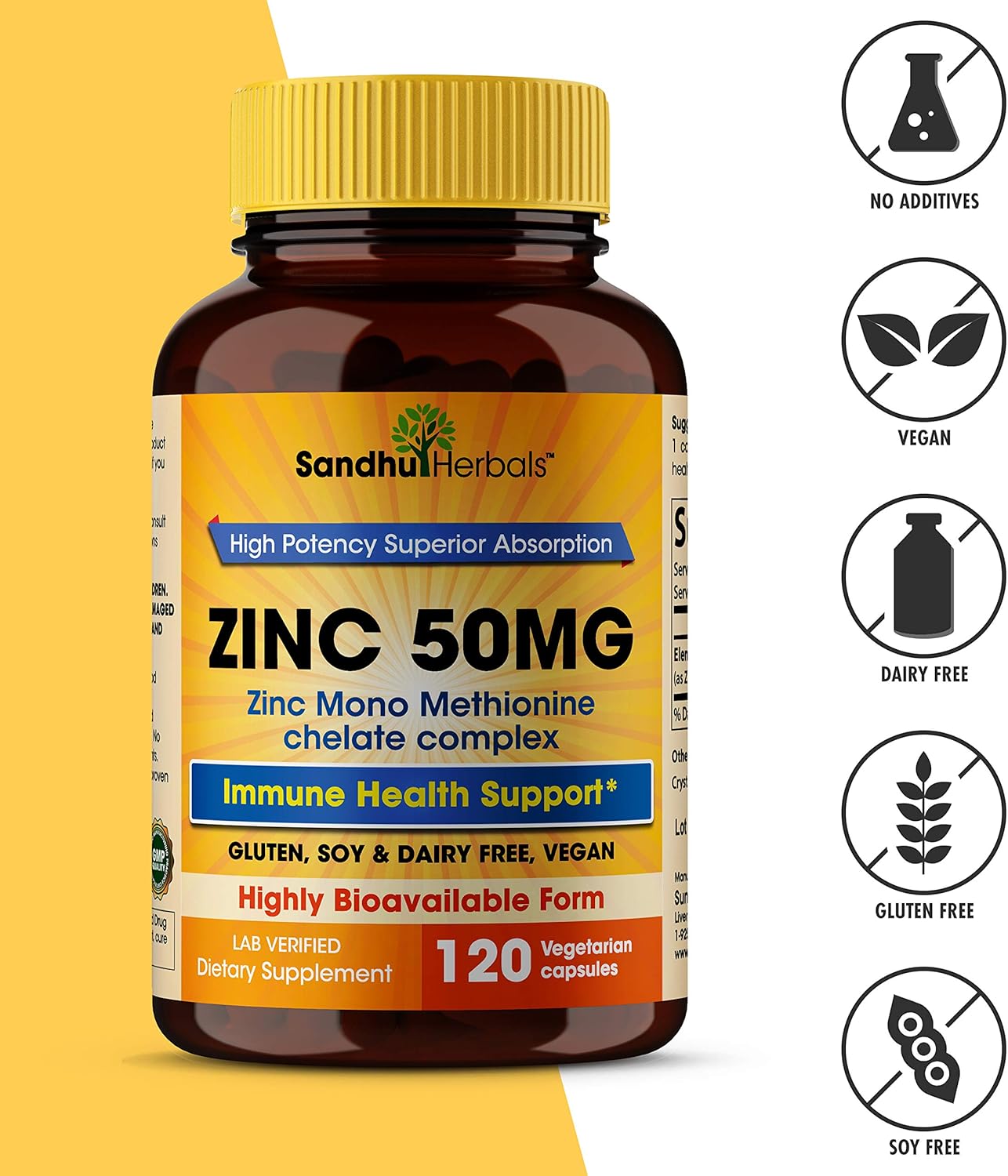 Zinc 50mg Supplement 120 Vegetarian Capsules, Zinc Highly Absorbable Supplements for Immune Support System, Gluten Free Zinc Supplement: Health & Personal Care