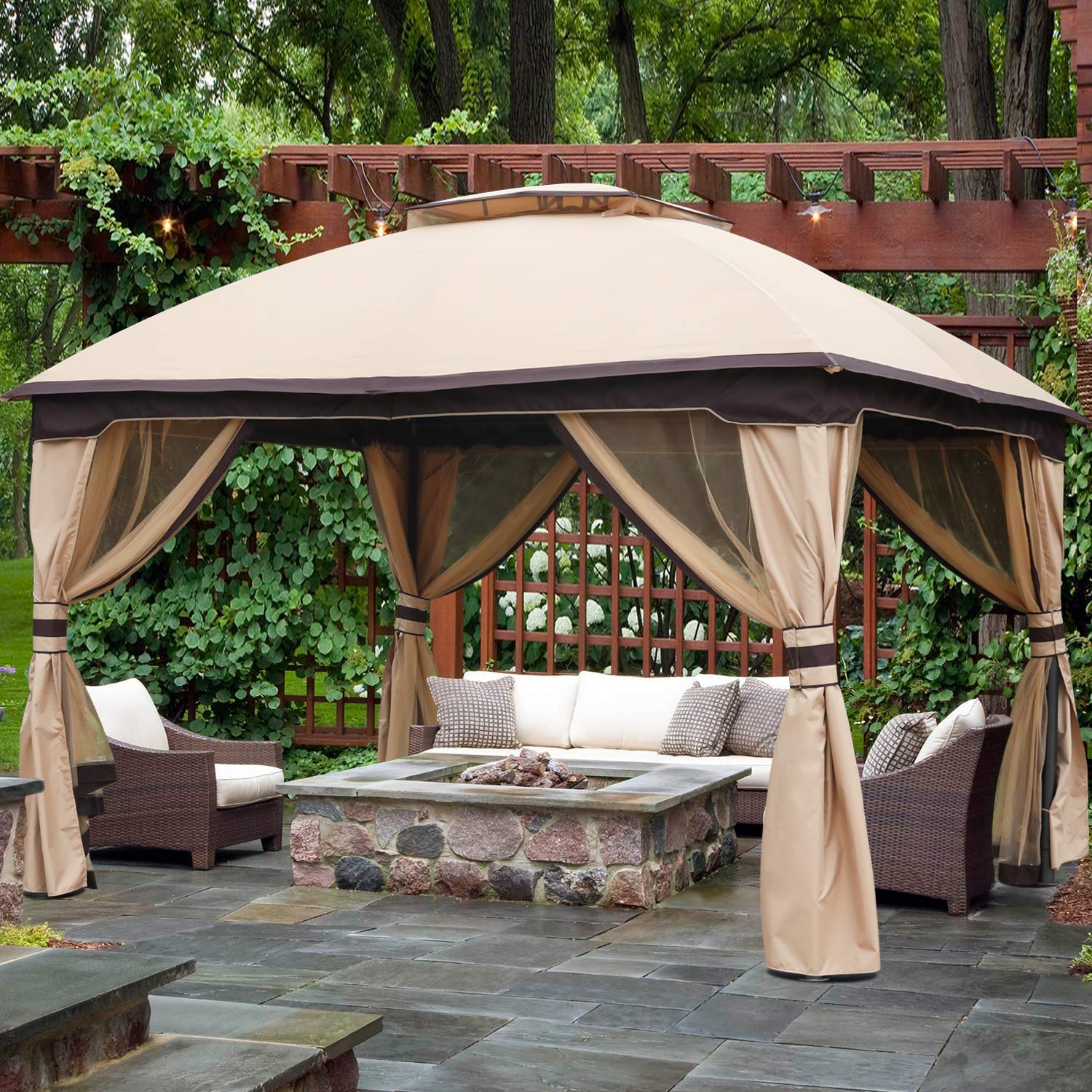 ABCCANOPY 10' x 12' Patio Gazebo Canopy, Double Soft-top Garden Shelter Tent with Mosquito Netting for Your Yard, Patio, Garden or Outdoor Event (Beige)
