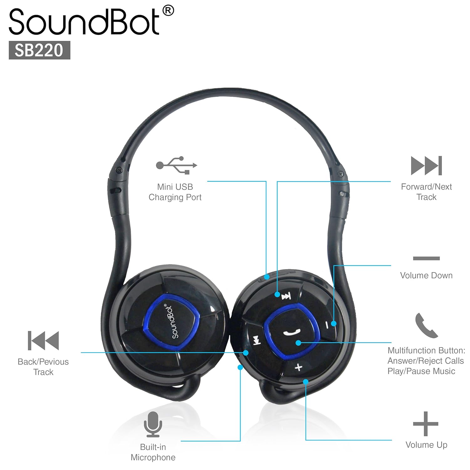 SoundBot SB220 Bluetooth Headset Wireless Stereo Headphone for Music