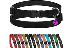 Muromto Breakaway Cat Collar Leather Soft Adjustable Pet Kitten Collars with Bell Pink Brown Blue Green Red (Black)