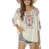 gosiea Mexican Embroidered Shirts for Women Bohemian Tops Peasant 3/4 Sleeve V Neck Shirt Tunic Blouses
