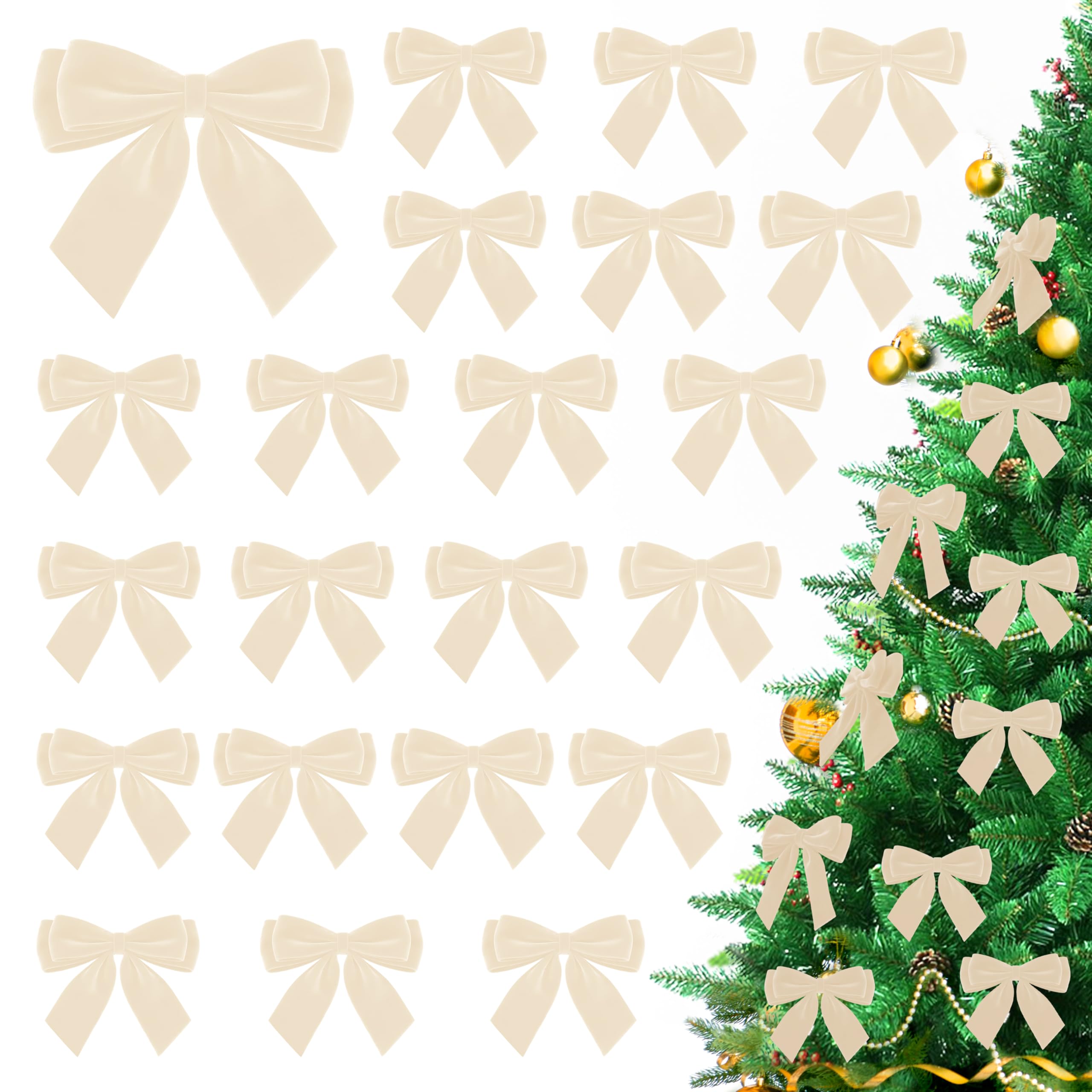 Photo 1 of 24Pcs Velvet Bows for Christmas Tree, Small Beige White Bows Christmas Decorations with Twist Tie, Bulk Boho Velvet Ornaments for Wreath Garland Gift Wrapping Wedding Champagne Parties, 3.5*3.5 in