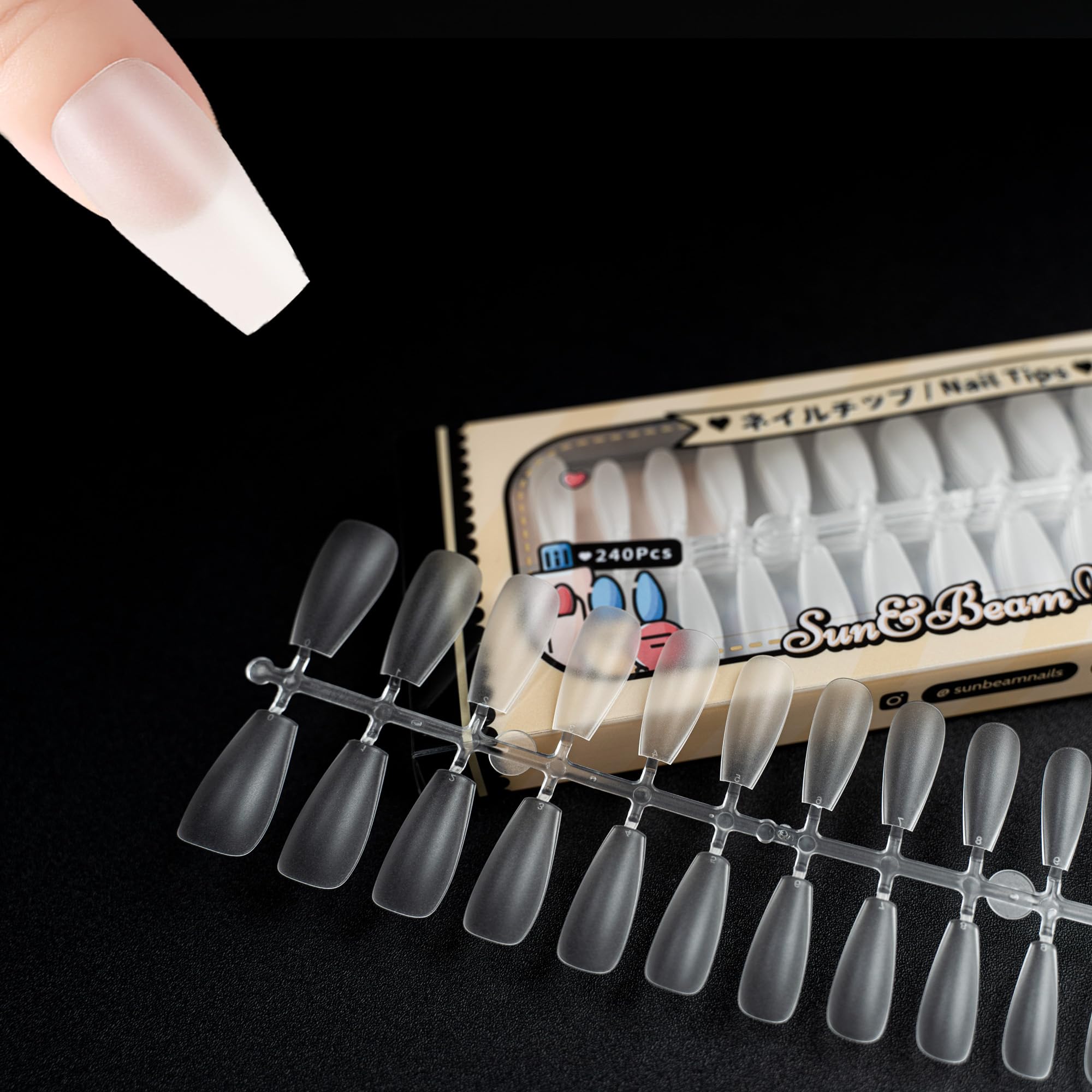 Sun&Beam Nails Fake Nails Tips Full Clear Acrylic Cover for Manicure Salons Nail Art 15 Sizes 240 Pcs (Medium Coffin)