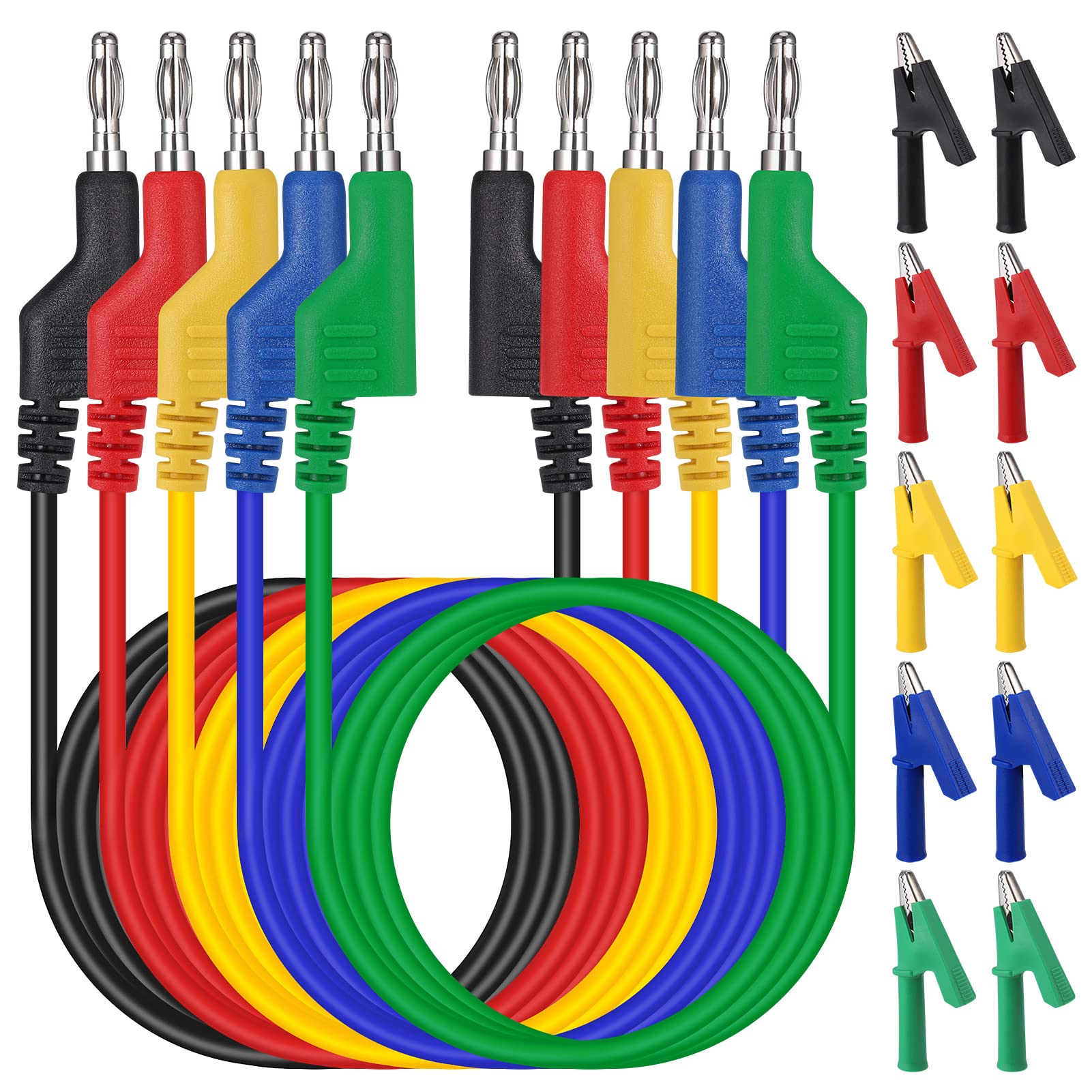 Hejo 5pcs Multimeter Test Leads Set, 4mm Double Ended Banana Plug Test Leads with 10pcs Crocodile Clips, Pluggable Soft Test Cabels Length of 1M for Multimeter