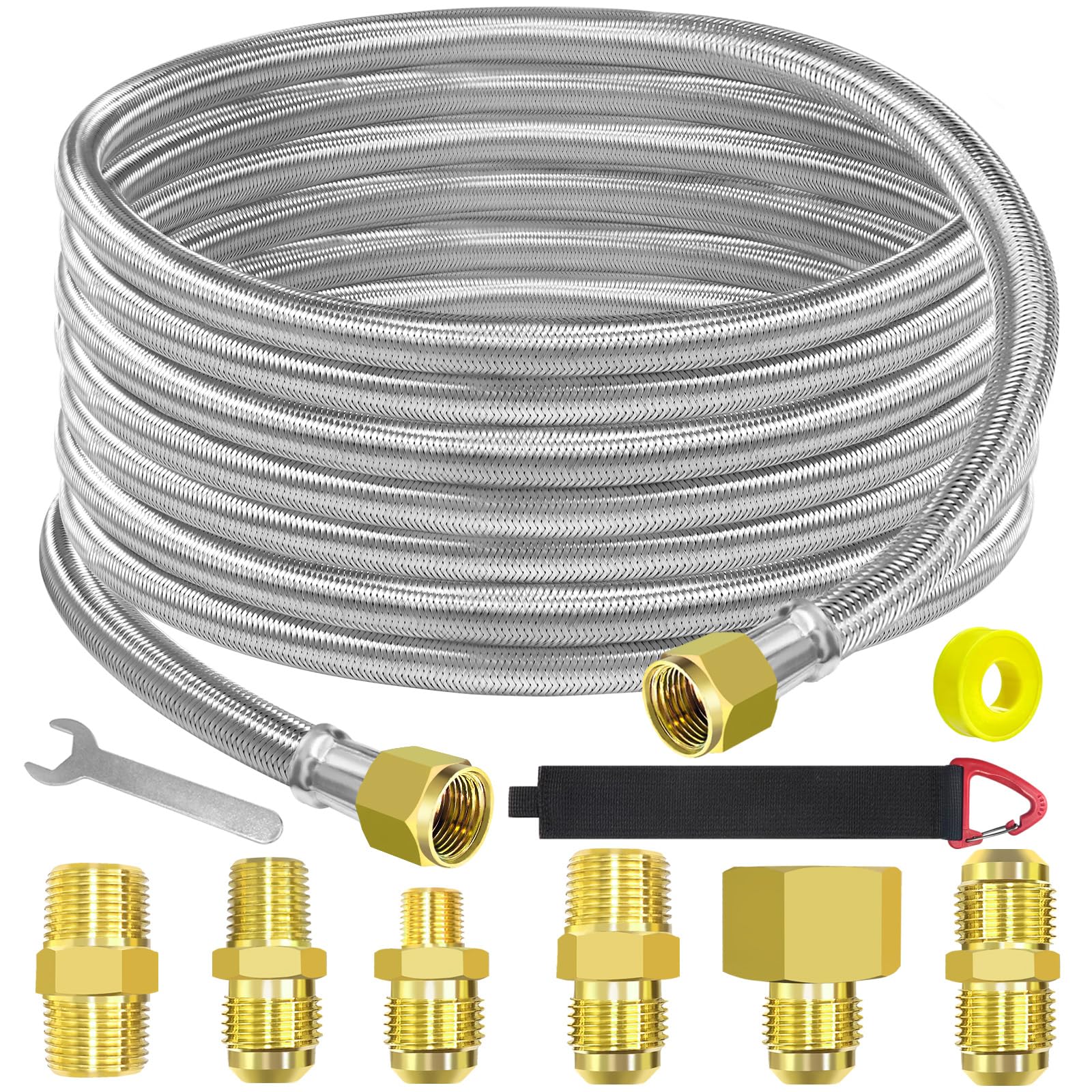 Photo 1 of 24 Ft High Pressure Braided Propane Hose Extension with Conversion Coupling: 3/8" Flare to 1/2" Female, 1/4" Male, 1/8" NPT Male, for BBQ, Fire Pit, Heater