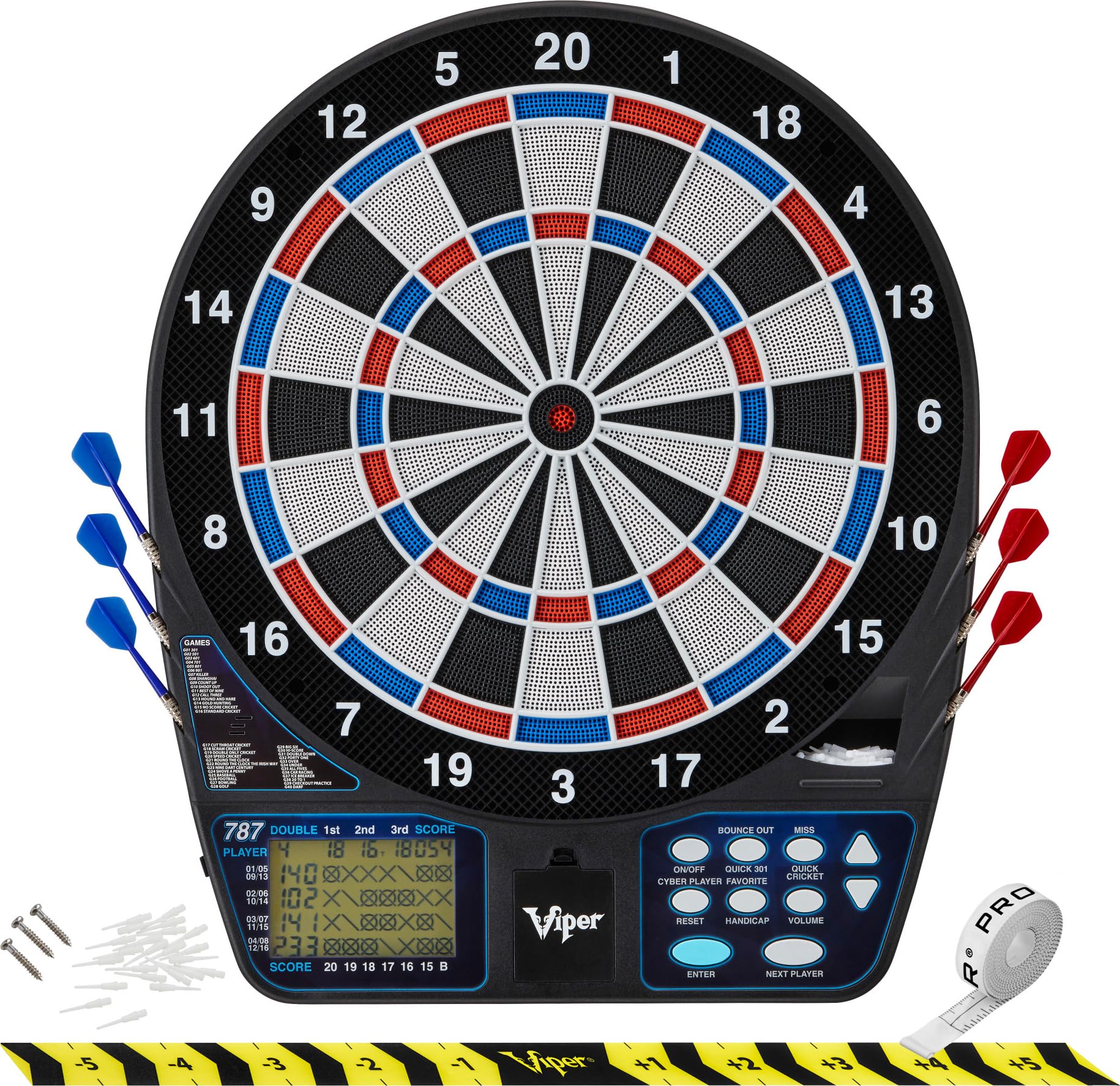 Viper 787 Electronic Dartboard, Ultra Thin Spider For Increased Scoring Area, Free Floating Segments, Locking Segment Holes For Fewer Bounceouts, Automatic Scoring