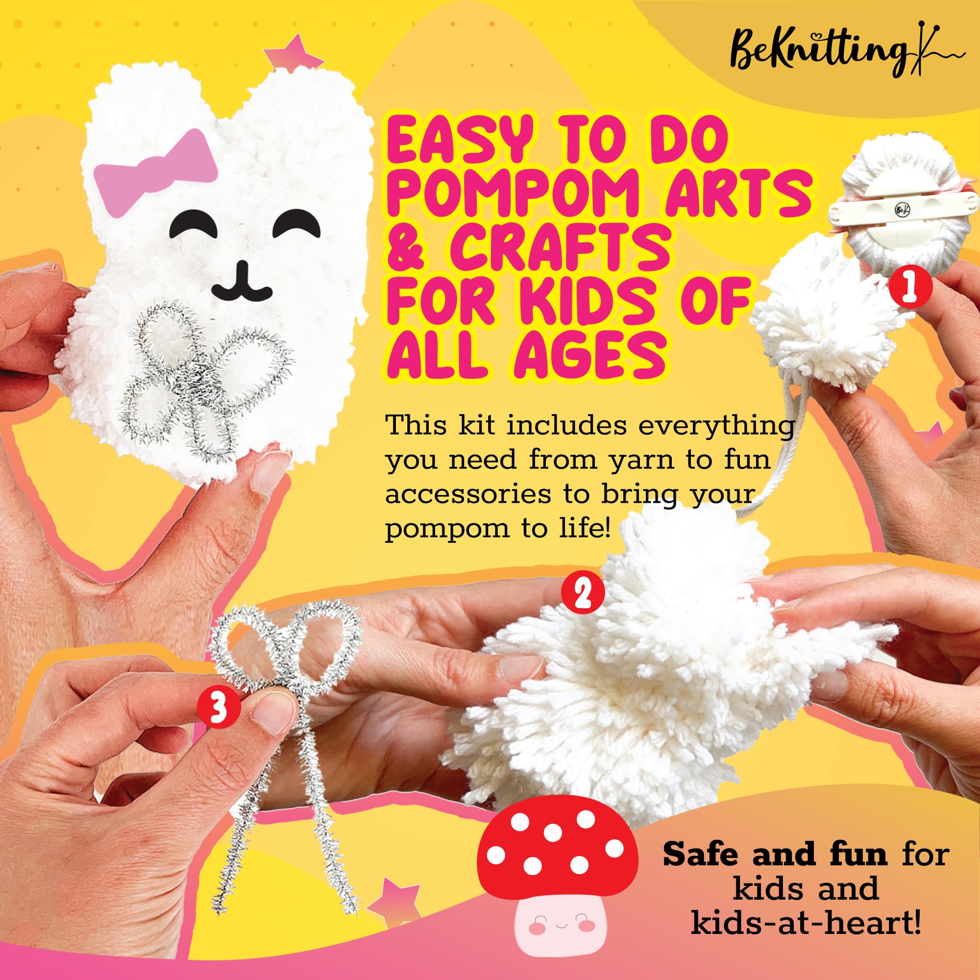 BeKnitting Pompom Maker DIY Craft Kit for Kids - Complete with Yarn, Pom pom Makers, & Stickers