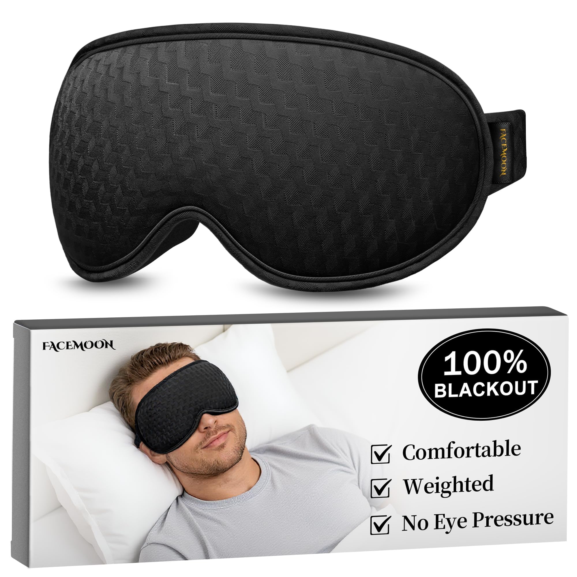 Photo 1 of Blackout Sleep Mask: Weighted Eye Mask for Men Women - 3D Contoured Zero Pressure and Eyelash Free - Airplane Travel Nap Night Sleep Eye Cover - Adjustable Ear-Friendly Breathable Comfortable Black