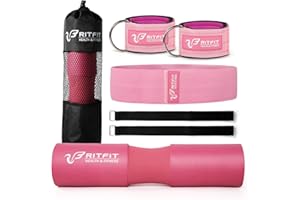 RitFit 7 Pcs Barbell Squat Pad Set, with Resistance Band, 2 Safety Straps, 2 Gym Ankle Straps & Carry Bag, Upgraded Neck & Shoulder Protective Pad Support for Squats, Lunges & Hip Thrust (Pink/Black)