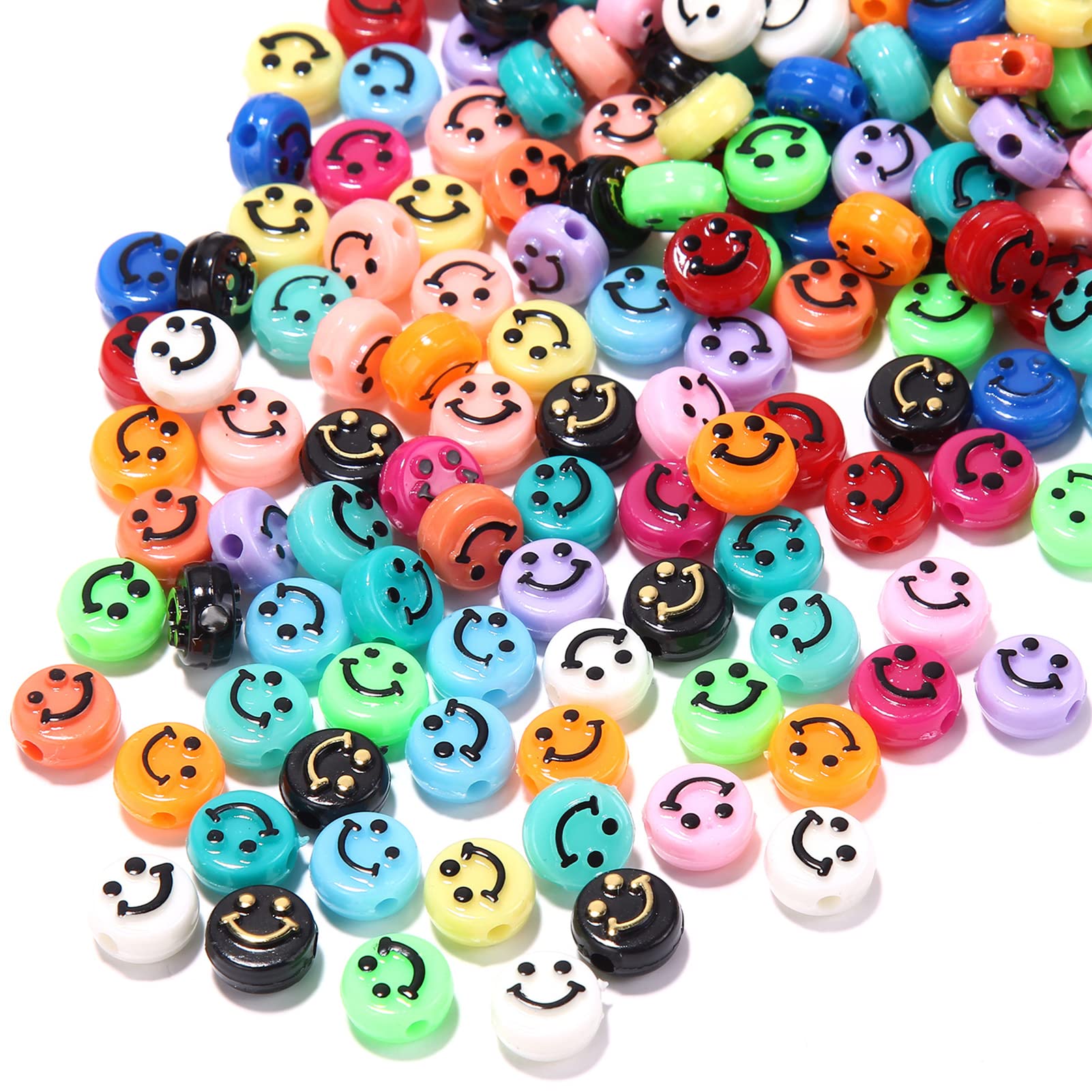 200pcs Multicolor Acrylic Smile Face Beads 10mm Pony Disc Coin Black Loose Spacer Beads for DIY Jewelry Bracelet Mobile Phone Pendant Making