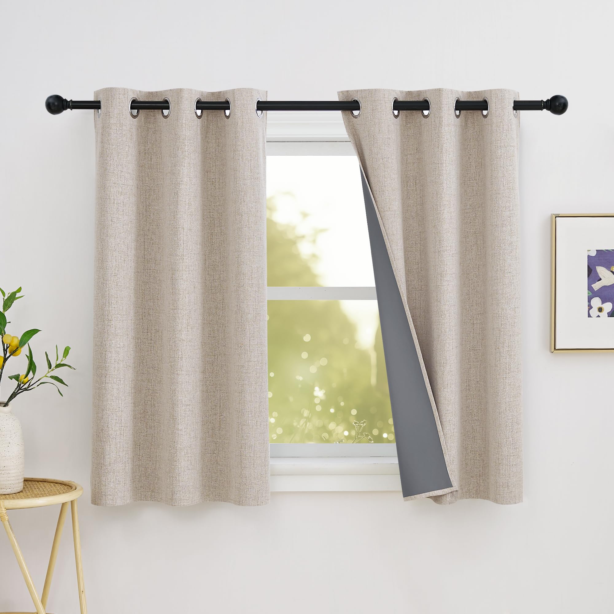 PONY DANCE Full Blackout Linen Curtains for Bedroom- Coating Thermal Insulated Eyelet Curtains, Room Darkening Window Drapes Noise Reducing Energy Saving for Kitchen, 34x54 Inches, 2 Panels, Beige