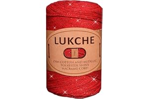 Lukche 2mm Cotton Sparkle Macrame Cord 224 Yards, 8.80 Oz, Colorful Crochet Macrame Cord for Wall Hangings, Bags, Plant Holders, Carpets, Polypropylene Supplies (Red)