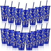 Jingmore 15 Pcs Blue and Gold Ring Cups 24oz Reusable Blue Hedgehog Theme Plastic Tumblers with Lid and Straws Cartoon Character Drinking Cups for Birthday Party Favors Decoration Supplies