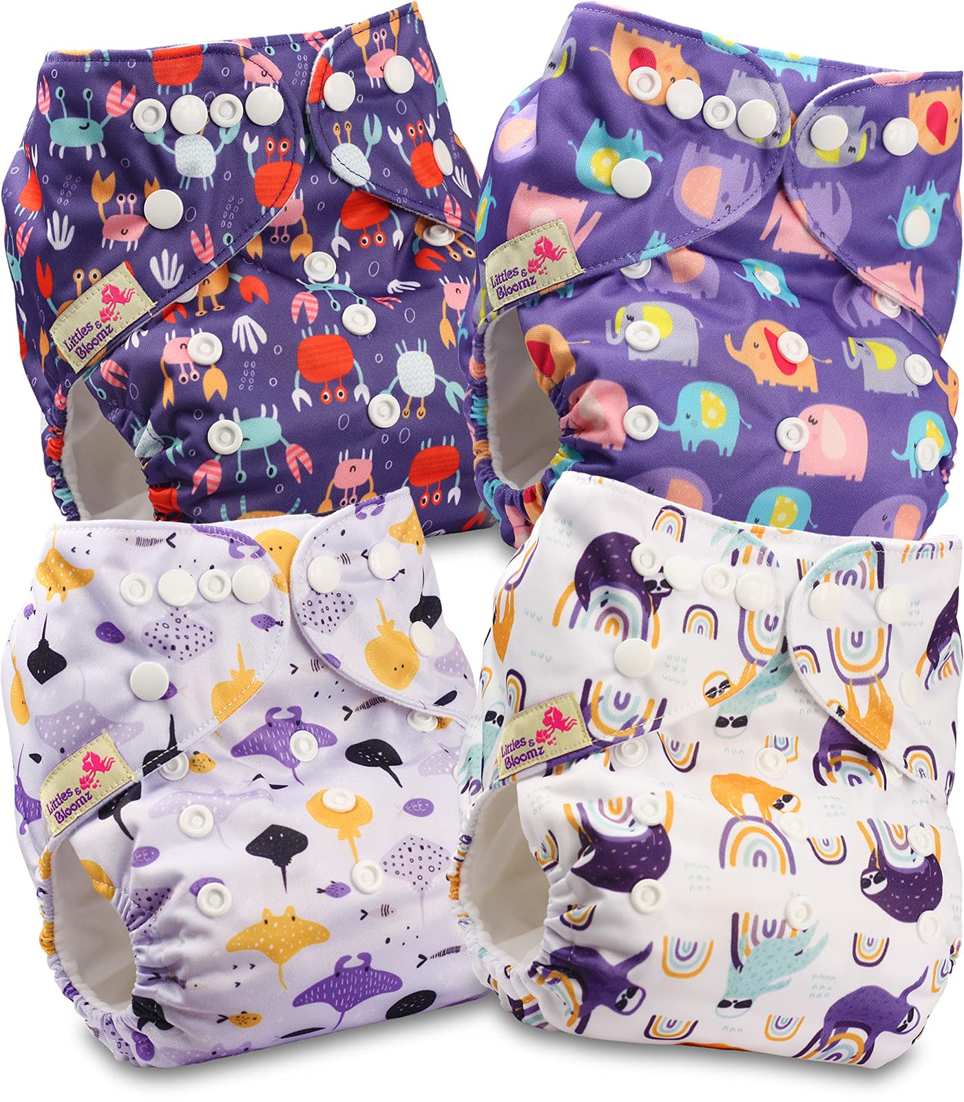 Littles and Bloomz Baby Reusable Pocket Nappy Cloth Diaper, Standard Popper, 4 Nappies, FLP2-0404