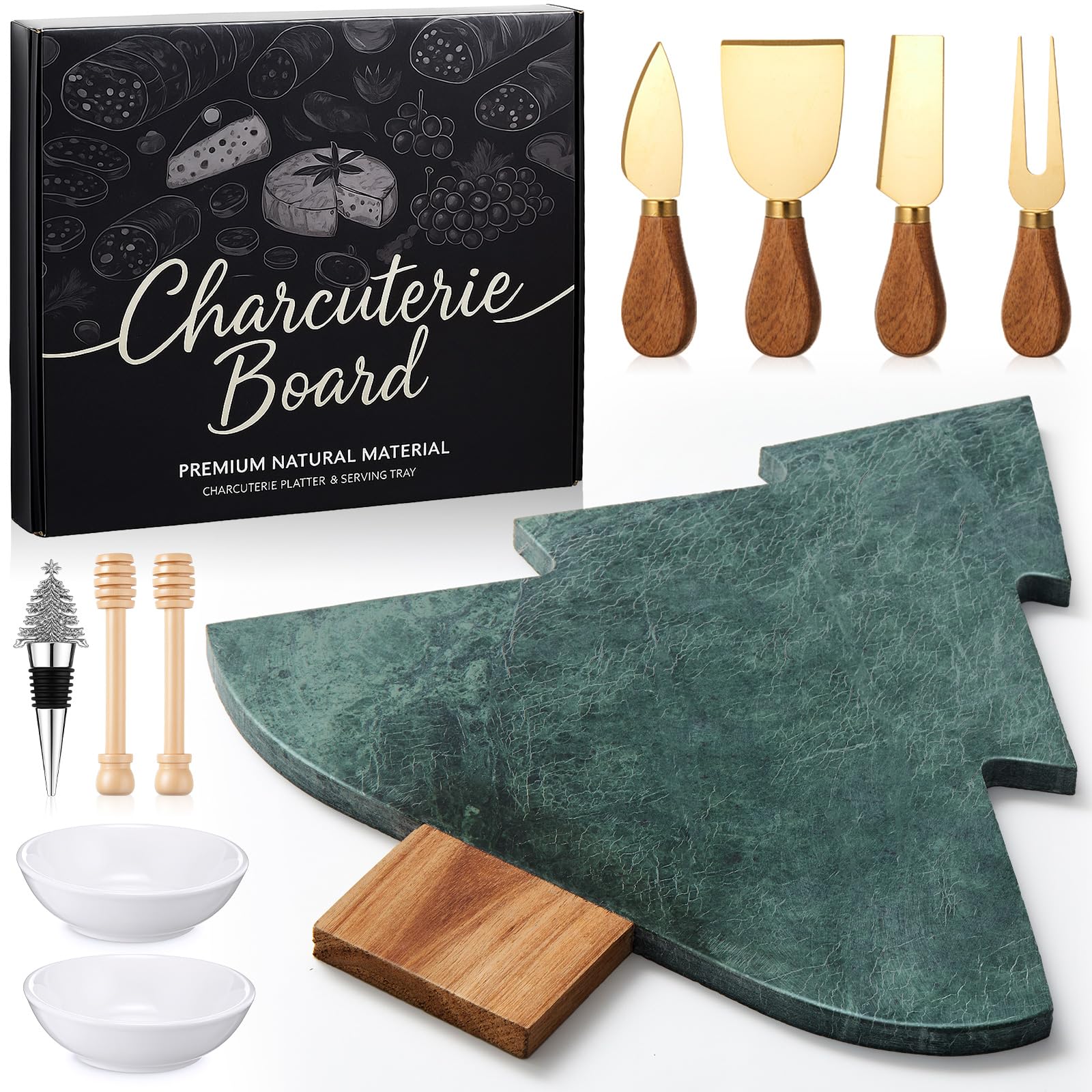 Photo 1 of 10 Pcs Christmas Tree Charcuterie Board Gift Set with Marble Wood Cutting Serving Tray Cheese Knives Fork Honey Stick Wine Stopper Flavoring Dish Kitchen Utensils Gifts for Xmas Holiday Party Favor