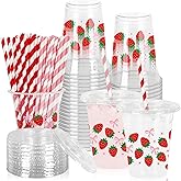 FYSUIMU 50Pcs Pink Bow Strawberry Plastic Cups with Lids and Straws Flower Strawberry Clear Plastic Cups 12oz Disposable Cups for Summer Birthday Wedding Party Supplies