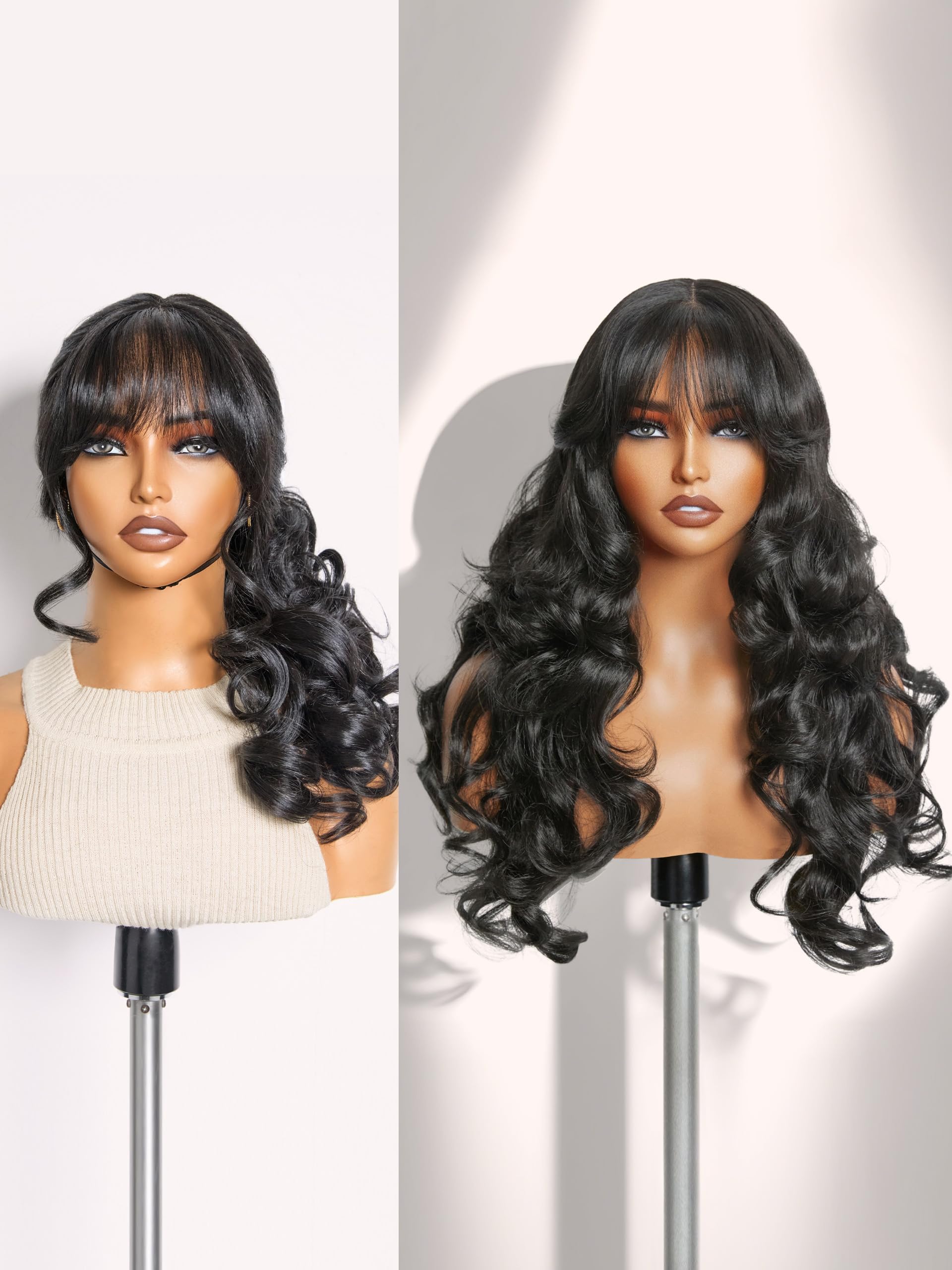 Photo 1 of GORGIUS Glueless Wavy Wig with Bangs Natural Black Synthetic Curtain Bang Wig with Realistic Scalp 22 Inch