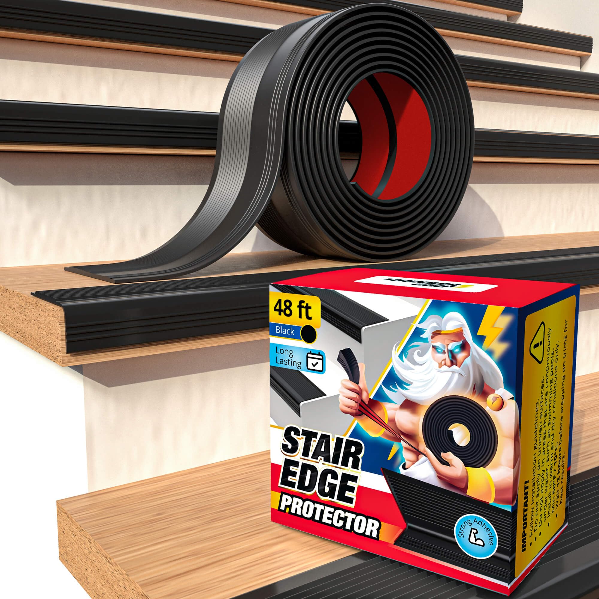Photo 1 of Stair Edge Protector 48 Ft - Black Rubber Edge Trim for Steps - Stair Nose Molding - Rubber Nose Trim - Fit for Indoor and Outdoor - Non Slip and Waterproof