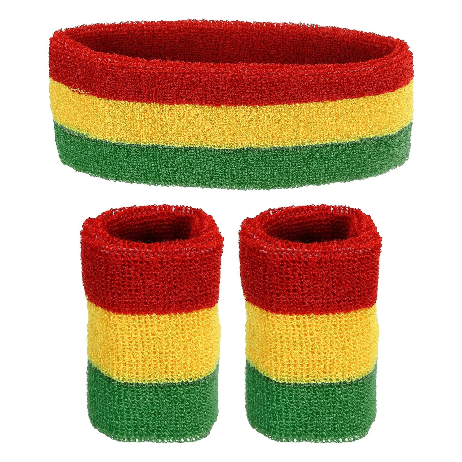 PATIKIL Sports Wristbands Headband Set, 7x8cm Cotton Terry Cloth Athletic Absorbent Sweatband 18x6cm Headband for Tennis Basketball Running, Red Yellow Green (1 Headband & 2 Wristbands)