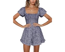 Jeanewpole1 Womens Floral Wide Leg Short Rompers Shirred Ruffle Sleeve Jumpsuit