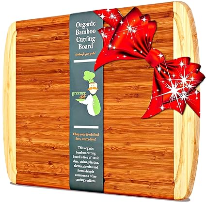 Greener Chef Bamboo Cutting Board - EXTRA LARGE KING SIZE & ORGANIC WOOD - LIFETIME REPLACEMENT WARRANTY - Best Christmas Gift & Holiday Wooden Carving Board with Juice Groove