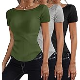 Riyiper 3 Pack Women Short Sleeve Ribbed Knit Slim Fitted T-Shirts Boat Neck Curved Hem Casual Tops Basic Tees Summer Trendy