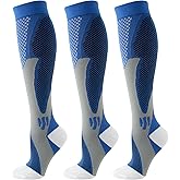 nemokamai Blue Compression Socks for Women Men Circulation Knee High 3 Pairs for Nurses, Running, Travel, Athletic