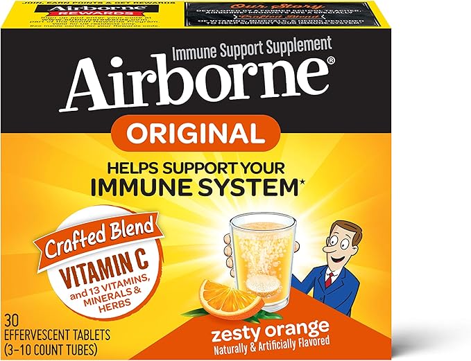 Amazon Com Airborne Vitamin C 1000mg Per Serving Zesty Orange Effervescent Tablets 30 Count In A Box Gluten Free Immune Support Supplement With Vitamins A C E Zinc Selenium Echinacea Ginger Health