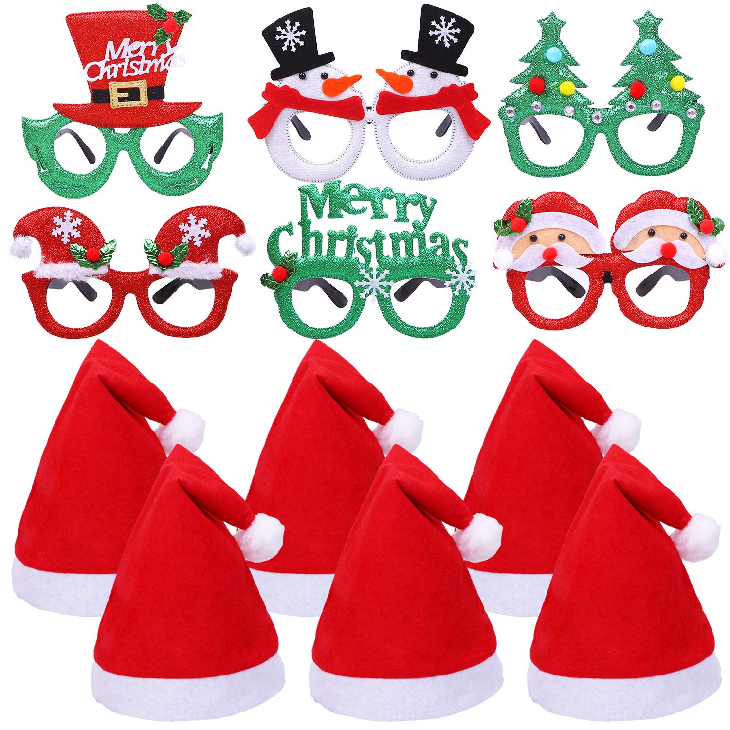 Ruisita 12 Pieces Christmas Party Costume Glasses Frame Xmas Non-Woven Santa Hat Adults Santa Hat for Christmas Decorations or Party Favors