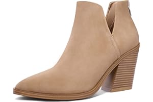 mysoft Women's Ankle Boots Slip on Cutout Pointed Toe Chunky Stacked Mid Heel Booties